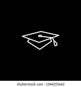 Graduation Hat Line Icon On Black Background. Black Flat Style Vector Illustration.