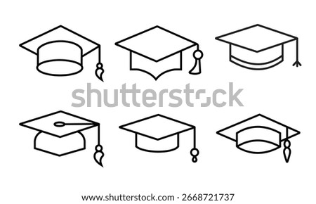 Graduation hat line icon vector set. Silhouette of Graduation hat cap icons vector collection. Academical degree, College, school, university graduation ceremony sign. Vectort illustration.