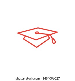 Graduation Hat Line Red Icon On White Background. Red Flat Style Vector Illustration.