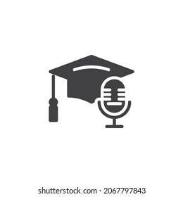 Graduation hat and microphone vector icon. filled flat sign for mobile concept and web design. Education podcast glyph icon. Symbol, logo illustration. Vector graphics