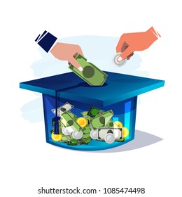 Graduation hat with money. human hand inserting money to graduation hat. Cost of Education - vector illustration