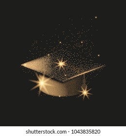 Graduation hat or mortar board. Divergent gold particles abstract illustration.