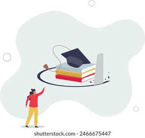 graduation hat mortar board on book stack being saw to fall down.flat vector illustration.