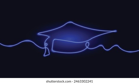 Graduation hat. Neon. Continuous one line drawing. Graduation cap. Line art.  Academical education. Hand drawn. Minimalist. Single line draw. Glowing neon line. University, master degree, MBA.