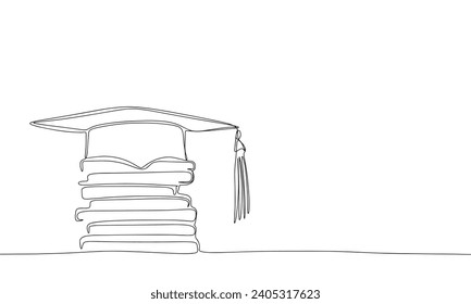 Graduationsmütze auf Büchern eine Zeile kontinuierlich. Konzept der Graduierung Linie Silhouette. Handgezeichnete Vektorkunst.