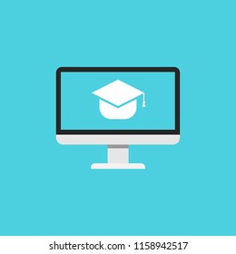 Graduation  hat on computer screen , flat icon, vector illustration .