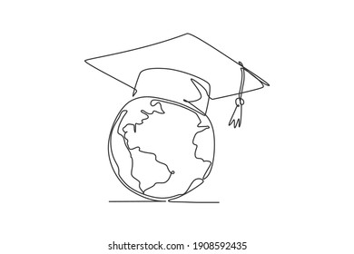 Graduation hat on earth globe. Single continuous line world global diploma graphic icon. One line draw doodle for education concept. Isolated vector illustration minimalist design on white background