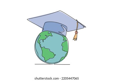 Sombrero de graduación en el mundo. Icono gráfico de una línea continua para diploma mundial. Una línea dibuja el doodle para el concepto de educación. Ilustración vectorial aislada diseño minimalista sobre fondo blanco