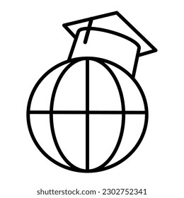 Graduation hat on earth globe icon. World global diploma graphic icon. Editable Stroke. Isolated vector illustration minimalist design on white background