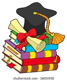 Graduation hat on pile of books - vector illustration.