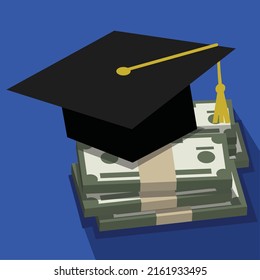 graduation hat on pile of money, schoolarship concept, school grant, vector illustration 