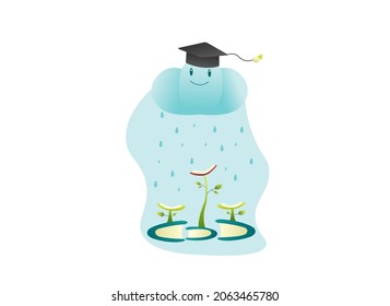 Graduation hat on smile cloud rain on book and grow plant, vector, education, learning, illustrator  