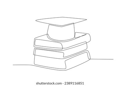 A graduation hat on a stack of books. International day of education one-line drawing