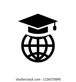 Graduation hat on top of globe - linear design icon vector black