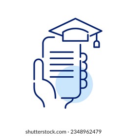 Graduation hat on top of smartphone. Easy online education access. Pixel perfect, editable stroke icon