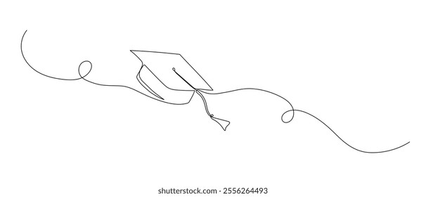 Graduation hat one continuous line drawing. Hand drawn sketch of student cap on white background