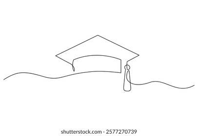 Graduation hat one line illustration. Hand drawn sketch of student cap on white background, Continuous cap one line art drawing of graduation hat concept outline vector.