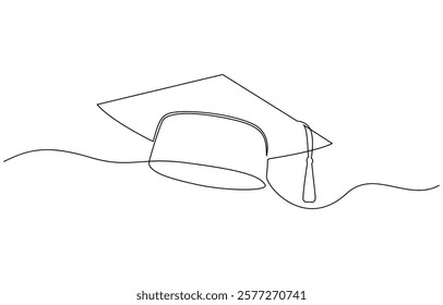 Graduation hat one line illustration. Hand drawn sketch of student cap on white background, Continuous cap one line art drawing of graduation hat concept outline vector.