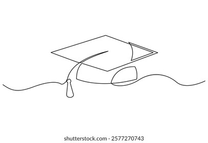 Graduation hat one line illustration. Hand drawn sketch of student cap on white background, Continuous cap one line art drawing of graduation hat concept outline vector.