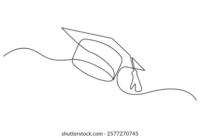 Graduation hat one line illustration. Hand drawn sketch of student cap on white background, Continuous cap one line art drawing of graduation hat concept outline vector.