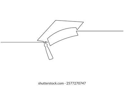 Graduation hat one line illustration. Hand drawn sketch of student cap on white background, Continuous cap one line art drawing of graduation hat concept outline vector.