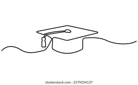 Graduation hat one line illustration. Hand drawn, graduation hat continuous one line drawing