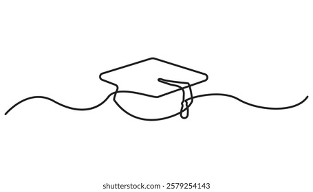 Graduation hat one line illustration. Hand drawn, graduation hat continuous one line drawing