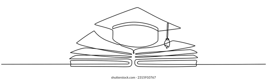 Graduation hat and open book continuous line drawing. Education linear concept. Vector illustration isolated on white. 