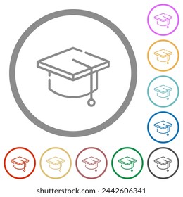 Graduation hat outline flat color icons in round outlines on white background