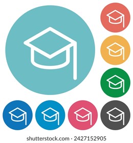 Graduation hat outline flat white icons on round color backgrounds