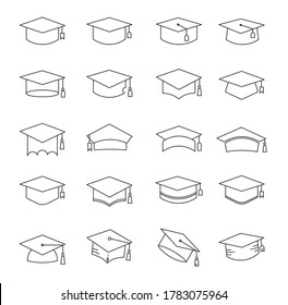 graduation hat outline icons set on white background.