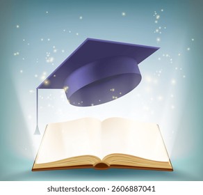 Graduation hat over a book with rays of light from inside. Vector illustration