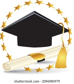 Graduation hat and paper degree certificate. Vector icon.