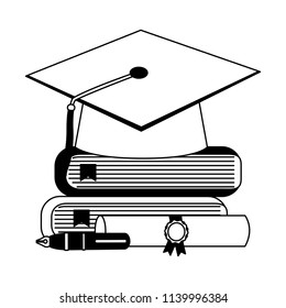 graduation hat pile book roll certificate and pen