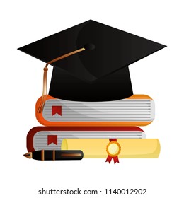 graduation hat pile book scroll certificate and pen