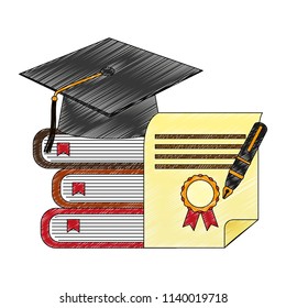 graduation hat pile books and certificate pen