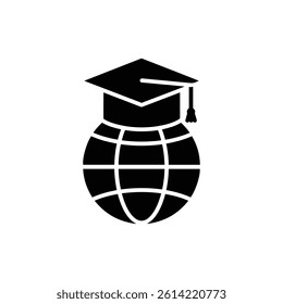 Graduation Hat Placed on a Globe International Education Concept Black Filled Icon
