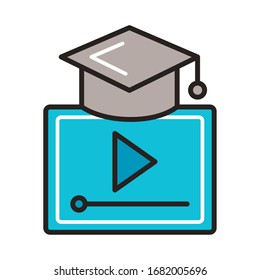 graduation hat with play button education online line and fill style vector illustration design