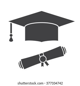 Graduation Hat And Rolled Diploma. Graduate Cap Silhouette Pictogram For Web And Applications. Isolated Vector Graduation Outline Icon Hat With Education Certificate.