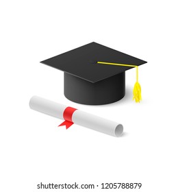 Graduation hat and rolled diploma with red ribbon. Vector illustration isolated on white background