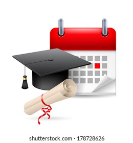 Graduation hat, scroll and calendar with marked day. Education event