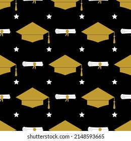 Graduation hat seamless pattern. Grad ceremony backdrop. Vector template for fabric, textile, wallpaper, wrapping paper, etc. 