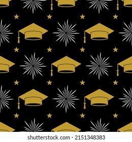 Graduation Hat Seamless Pattern. Grad Ceremony Backdrop. Vector Template For Fabric, Textile, Wrapping Paper, Wallpaper, Etc. 