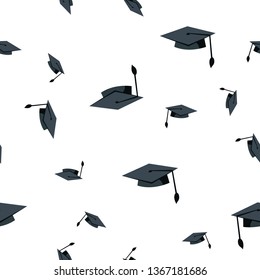 Graduation Hat Seamless Pattern Vector. School Student Black Cap. Academic Ceremony. Cute Graphic Texture. Textile Backdrop. Cartoon Background Illustration