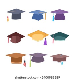 graduation hat set cartoon. degree school, education academy, study black graduation hat sign. isolated symbol vector illustration