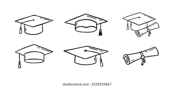 Graduation hat set. Hand drawn doodle Graduation hats sketch line. Education college student success diploma drawing. Vector illustration