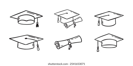 Graduation hat set. Hand drawn doodle Graduation hats sketch line. Education college student success diploma drawing. Vector illustration