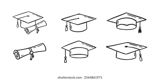 Graduation hat set. Hand drawn doodle Graduation hats sketch line. Education college student success diploma drawing. Vector illustration