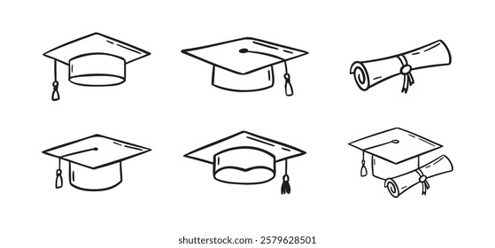 Graduation hat set. Hand drawn doodle Graduation hats sketch line. Education college student success diploma drawing. Vector illustration