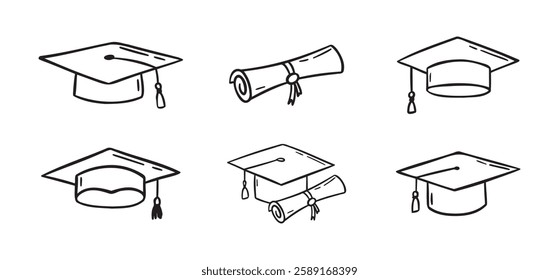 Graduation hat set. Hand drawn doodle Graduation hats sketch line. Education college student success diploma drawing. Vector illustration